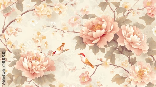 88.A richly detailed chinoiserie mural design, featuring cascading peonies intertwined with slender branches, while small, elegant birds are perched throughout. The soft background provides a subtle