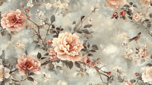 88.A richly detailed chinoiserie mural design, featuring cascading peonies intertwined with slender branches, while small, elegant birds are perched throughout. The soft background provides a subtle