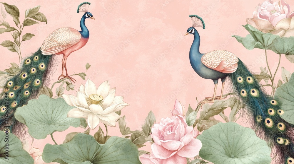 Naklejka premium 81.A seamless vintage-style border illustration featuring a soft pink background with Chinese-inspired lotus blossoms and delicate rose flowers. The border includes elegant peacocks and stylized