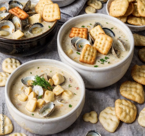 A delicious clam chowder served in bowls with crackers and garnished, surrounded by more crackers. photo