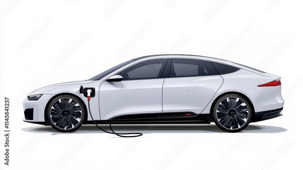 A sleek, white electric car is charging, showcasing modern design and sustainable technology in automotive innovation. A sleek, white electric car is charging, showcasing modern design and sustainable technology in automotive innovation.