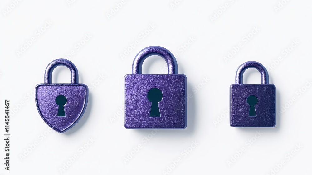 Three purple locks of varying sizes, featuring distinctive shapes, symbolize security and protection against unauthorized access. Three purple locks of varying sizes, featuring distinctive shapes, symbolize security and protection against unauthorized access.