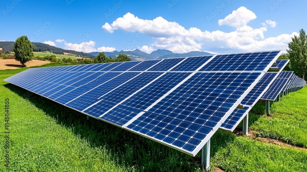 A bright, sunny landscape featuring a solar panel array on green grass, with mountains and blue sky in the background. A bright, sunny landscape featuring a solar panel array on green grass, with mountains and blue sky in the background.