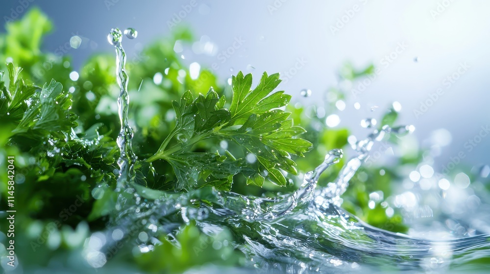 Vibrant close-up of fresh parsley splashing in water a culinary inspiration from nature Vibrant close-up of fresh parsley splashing in water a culinary inspiration from nature