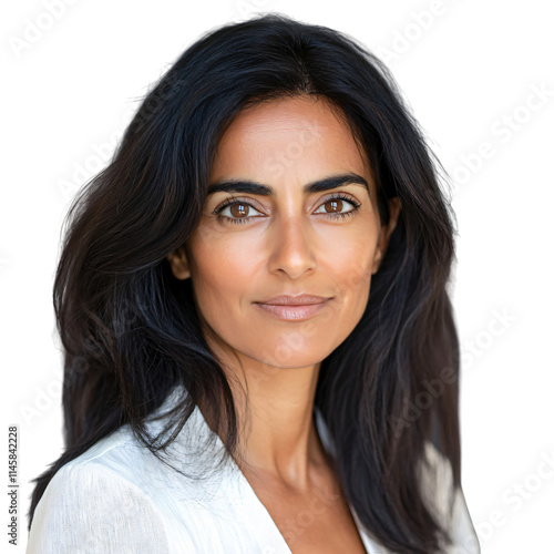 Closeup portrait of a beautiful brunette woman with long hair, smiling naturally