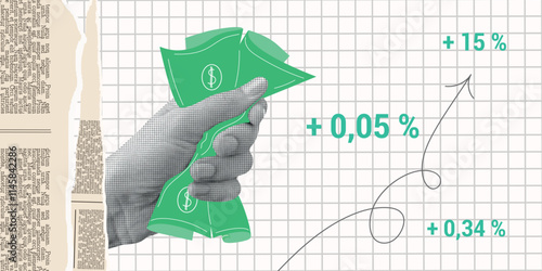 Contemporary Halftone Collage Hand for investments concept, marketing, trading. Online Stock banner with finance elements, coins, money. Vertical invest or business poster. Vector illustration.