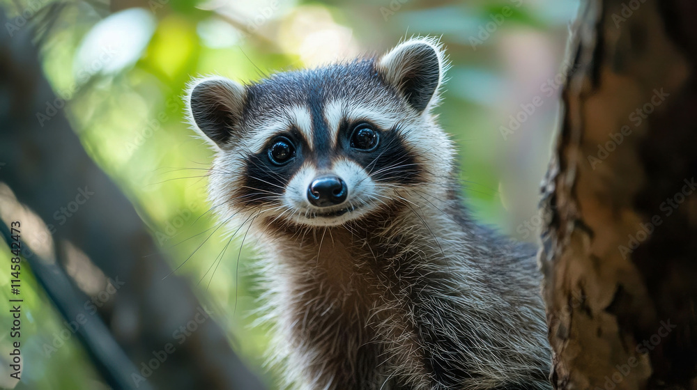 Fototapeta premium Cute raccoon peeking from behind a tree branch with vibrant green background