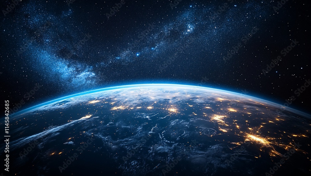 Obraz premium Earth at night from space, showing city lights and the Milky Way.