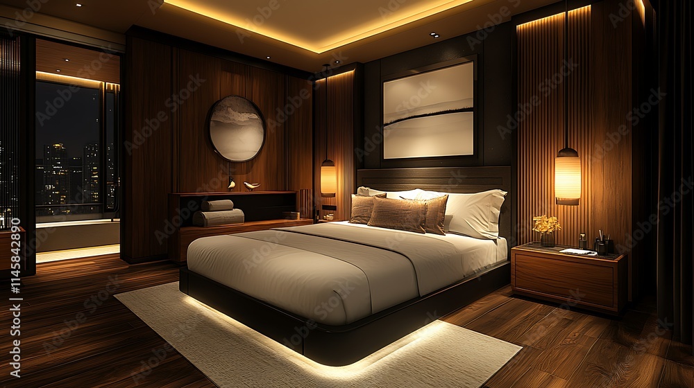 Luxurious modern bedroom with dark wood, ambient lighting, and city view. Luxurious modern bedroom with dark wood, ambient lighting, and city view.
