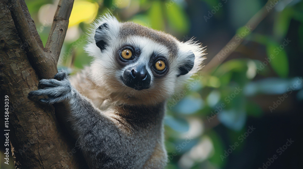 Obraz premium Curious lemur explores tree branch in tropical environment with lush greenery