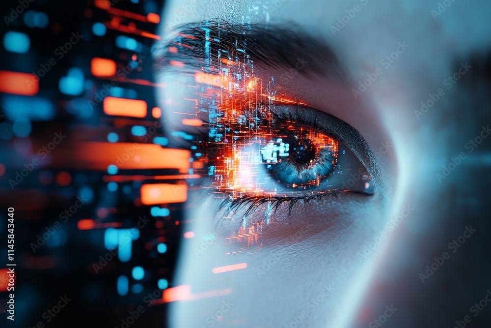 Close-up of a futuristic eye design showcasing digital data and vibrant colors against a dark backdrop Close-up of a futuristic eye design showcasing digital data and vibrant colors against a dark backdrop