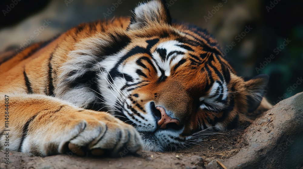 Majestic Bengal Tiger in Peaceful Sleep Amidst Natural Habitat Elements Majestic Bengal Tiger in Peaceful Sleep Amidst Natural Habitat Elements