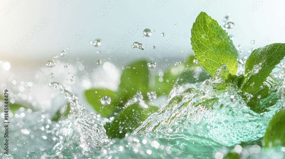 Refreshing mint leaves splashing in crystal clear water nature close-up tranquil freshness concept Refreshing mint leaves splashing in crystal clear water nature close-up tranquil freshness concept