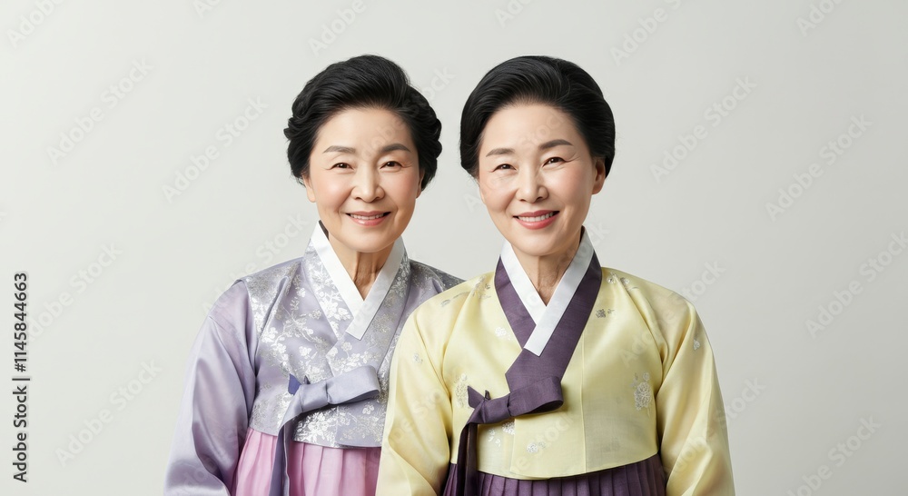 Traditional korean hanbok worn by mature asian women - cultural heritage and fashion Traditional korean hanbok worn by mature asian women - cultural heritage and fashion