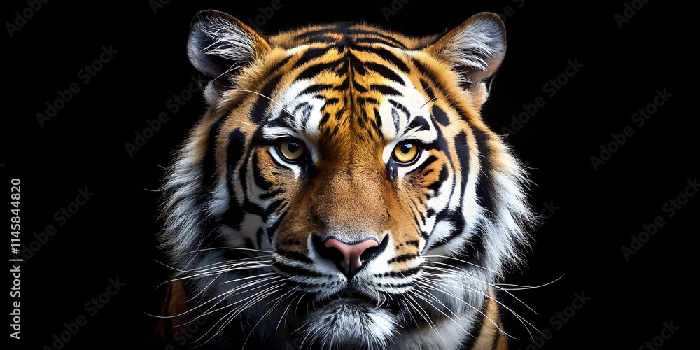 Naklejka premium Majestic tiger muzzle against a stark black background showcasing striking features and intense gaze
