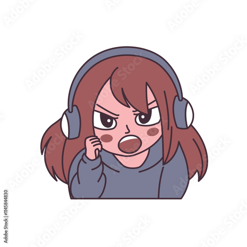 Cute Gamer Girl Cartoon Character Wearing Headset with Angry Screaming Expression
