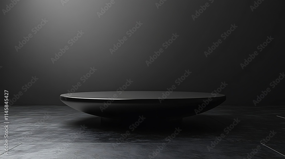 Dark, minimalist studio shot of a black, glossy, circular platform on a dark floor with a spotlight. Dark, minimalist studio shot of a black, glossy, circular platform on a dark floor with a spotlight.