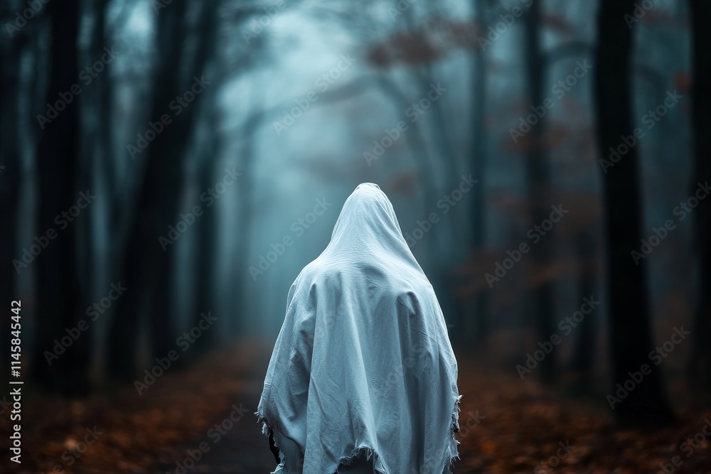 Mysterious figure in a foggy forest walking along a narrow path surrounded by tall trees Mysterious figure in a foggy forest walking along a narrow path surrounded by tall trees