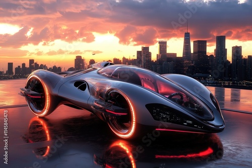 Futuristic flying car, urban air mobility, city air taxi. Passenger Autonomous Aerial Vehicle AAV in futuristic city. Generative AI