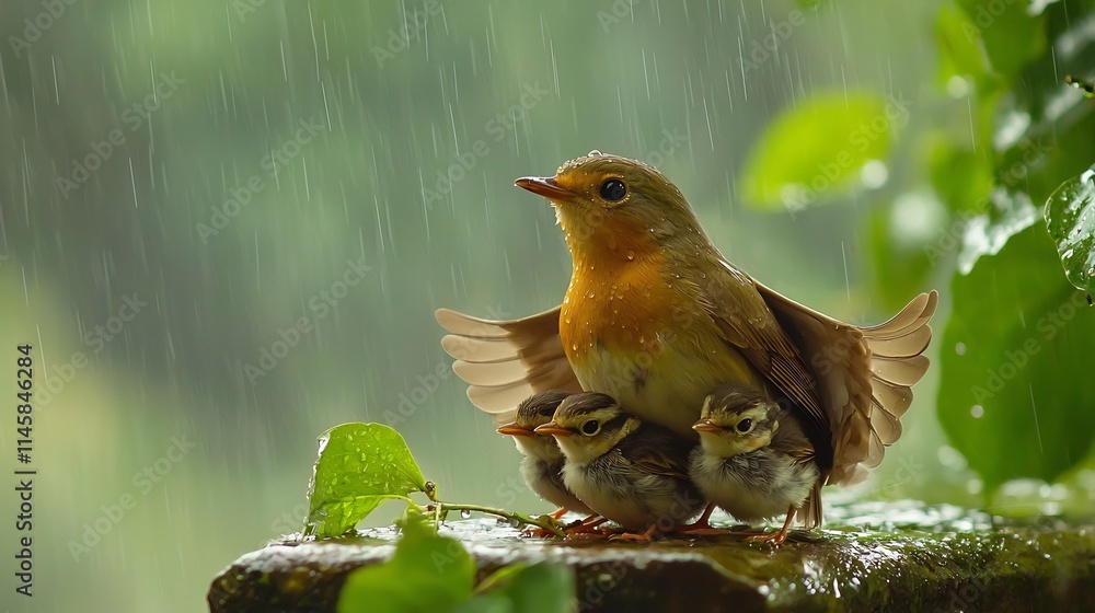 Nurturing Mother Bird Shelters Precious Hatchlings in Forest Refuge During Light Drizzle Nurturing Mother Bird Shelters Precious Hatchlings in Forest Refuge During Light Drizzle