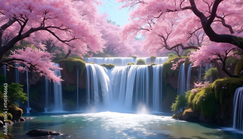  Sakura at the waterfall: A beautiful waterfall surrounded by blooming sakura trees, with water drops sparkling in the sun.

