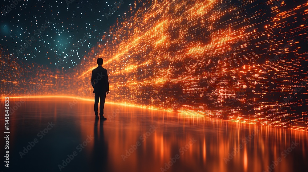 Fototapeta premium Man observes a digital data stream wall