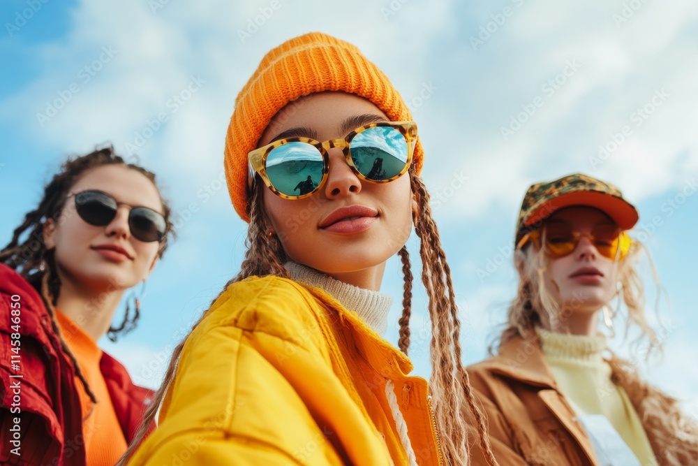 Three young women wearing colorful outfits and sunglasses enjoy a sunny day outdoors at a scenic location Three young women wearing colorful outfits and sunglasses enjoy a sunny day outdoors at a scenic location