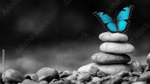 Blue butterfly perched atop a stack of grey stones against a blurred background.