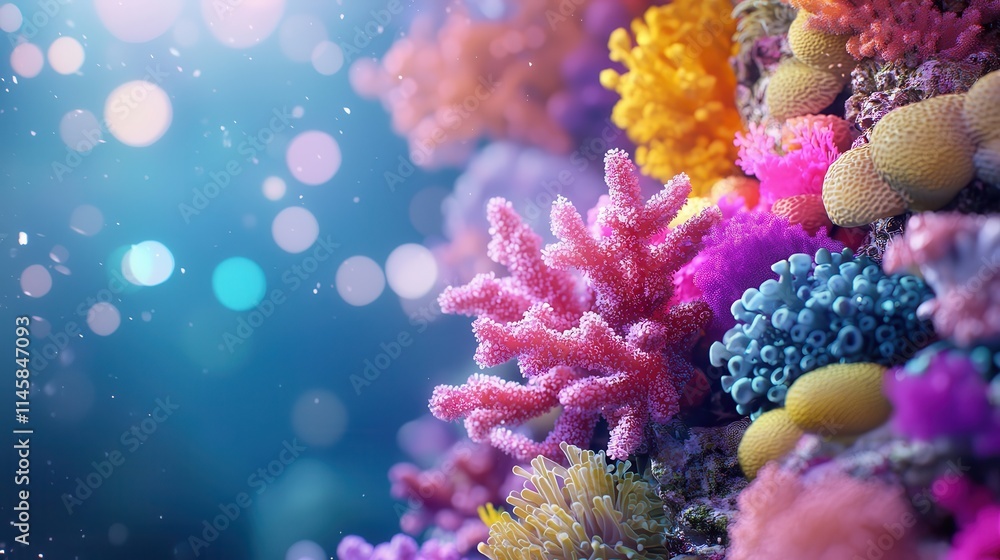 Obraz premium A collection of coral reefs in varying bright hues of pink, purple, and yellow, emphasizing the beauty of ocean life imagine abstract expressionism
