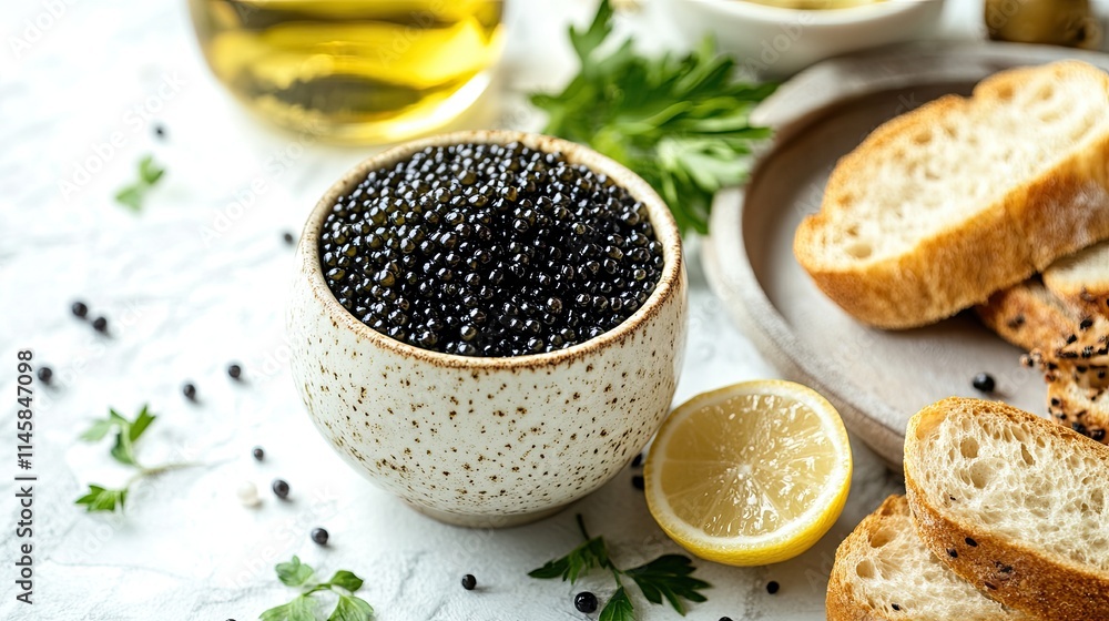 Black caviar on ice with vodka and bread on a white marble table, a luxurious seafood and drink combination perfect for fine dining celebrations. Black caviar on ice with vodka and bread on a white marble table, a luxurious seafood and drink combination perfect for fine dining celebrations.