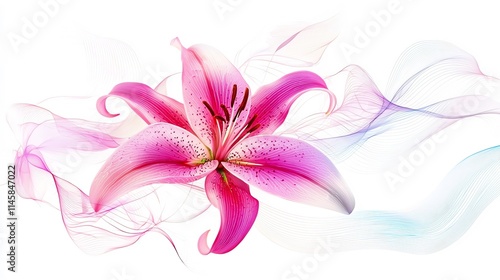 Elegant Floral Composition of a Pink Lily Against Pure White Background with Abstract Swirling Patterns