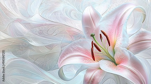 Soft Pastel Lily Artwork with Delicate Petals and Swirls in Balanced Natural Setting