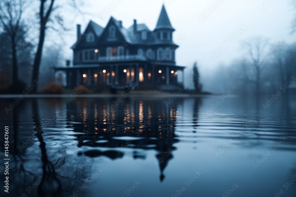Fototapeta premium Mysterious Victorian-style house by a lake surrounded by misty trees at twilight