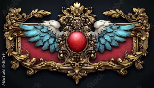 Ornate Gold Frame with Wings and Red Jewel photo