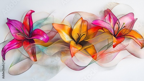 Vibrant Lilies in Flowing Abstract Floral Art Piece