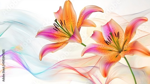Vibrant Lilies in Abstract Floral Art Piece with Minimalist Patterns