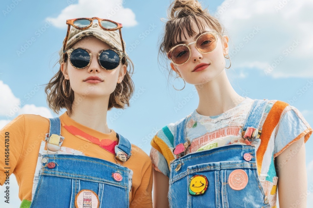 Obraz premium Two Trendy Young Women Wearing Colorful Summer Fashion with Sunglasses Under Blue Sky, Enjoying Sunshine Outdoors with Cheerful Expressions