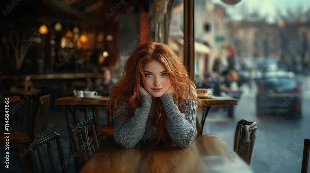 Beautiful redhead woman relaxing in cozy cafe by window Beautiful redhead woman relaxing in cozy cafe by window