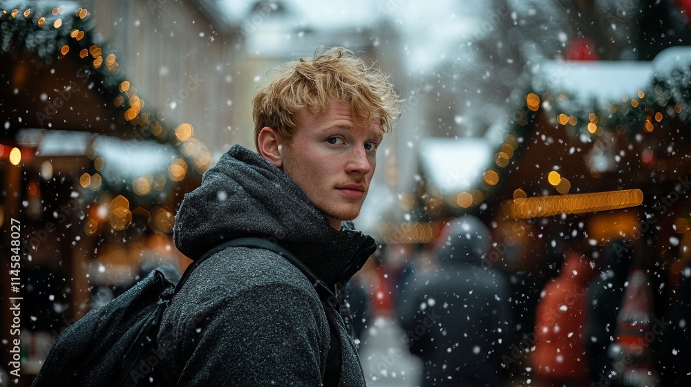 Young man visiting christmas market during snowfall Young man visiting christmas market during snowfall