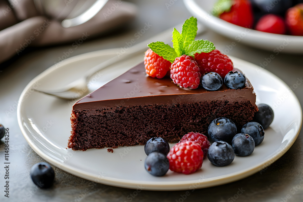 A decadent slice of chocolate cake garnished with raspberries, blueberries, and mint leaves. A decadent slice of chocolate cake garnished with raspberries, blueberries, and mint leaves.