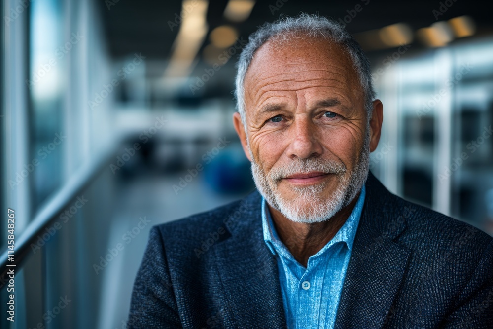 Mature man with gray beard smiling while dressed in a blazer and shirt inside a modern building Mature man with gray beard smiling while dressed in a blazer and shirt inside a modern building