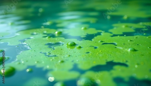 A peaceful lake blanketed in green algae, mirroring the surrounding landscape in a serene atmosphere