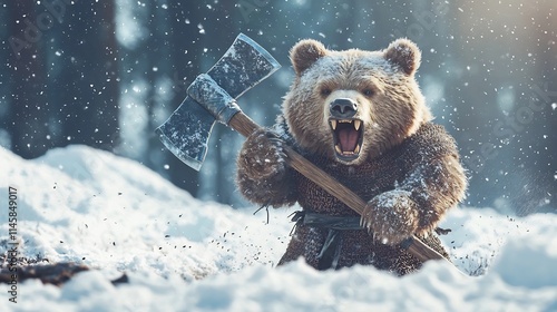 Fierce Grizzly Bear Barbarian Warrior Wielding Massive Axe Roaring on Snowy Battlefield