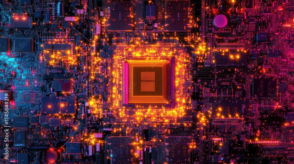 A top-down view of a processor chip and its surrounding circuitry, showcasing the interconnectivity of electrical components A top-down view of a processor chip and its surrounding circuitry, showcasing the interconnectivity of electrical components