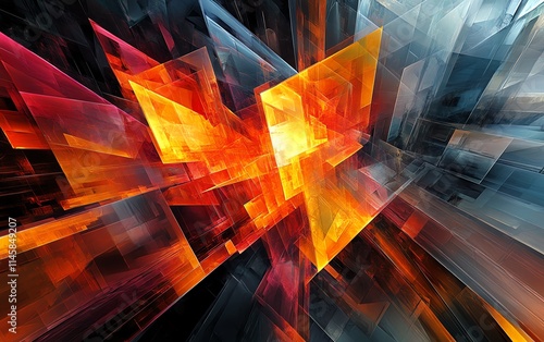 Glowing geometric shapes in colorful abstract digital art, representing futuristic technology and innovation in the digital age photo