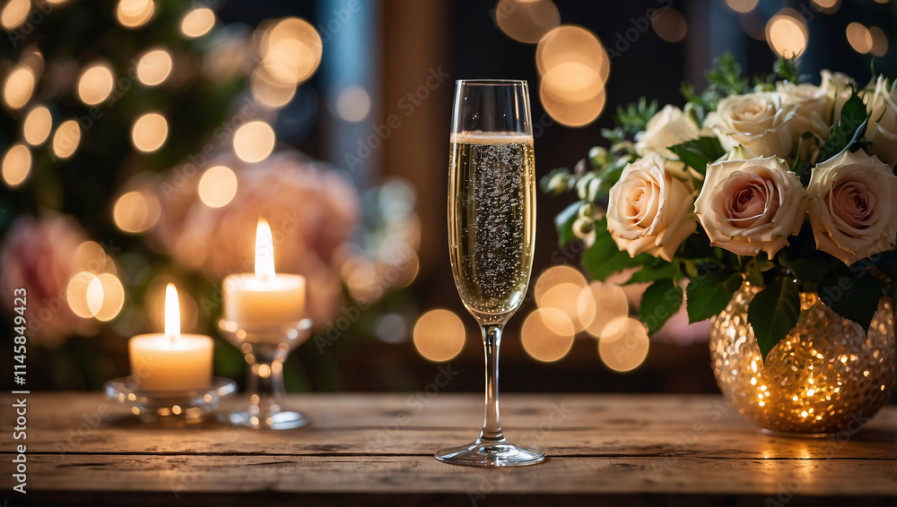 Glass of Sparkling Champagne with Fairy Lights and Floral Arrangements Glass of Sparkling Champagne with Fairy Lights and Floral Arrangements