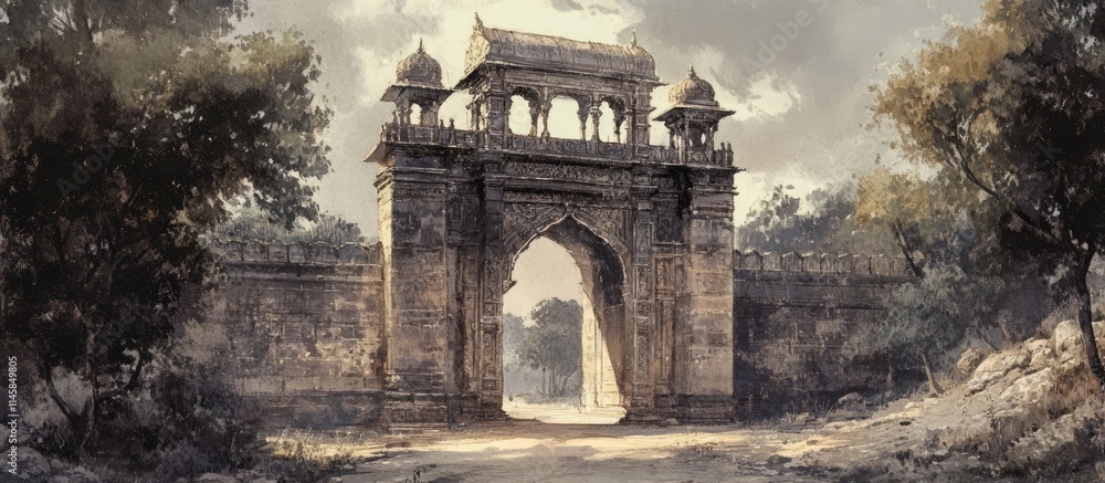 Fototapeta premium Ancient Architectural Gate of a Historic Temple Surrounded by Lush Greenery and Moodily Lit Landscape