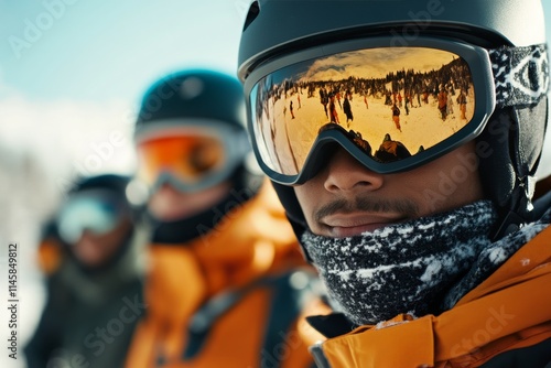 Skiers prepare for a day on the slopes at a mountain resort with thrilling winter activities photo