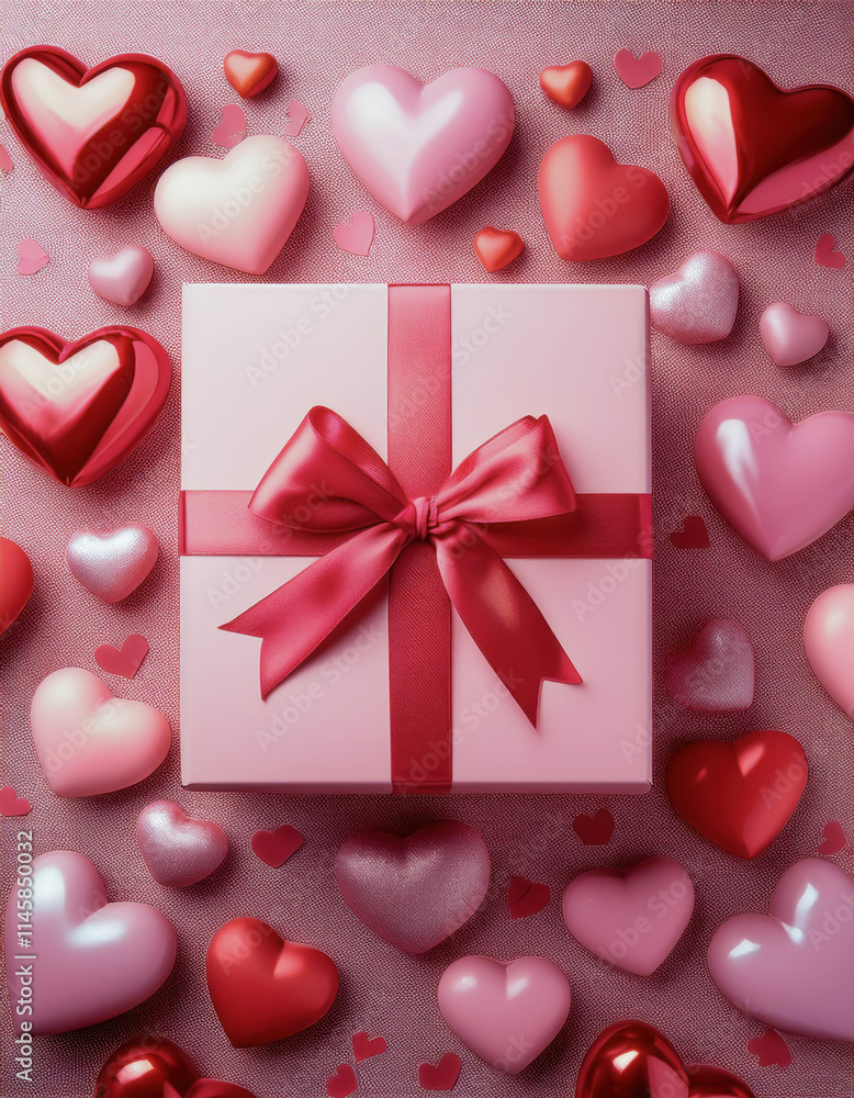Valentine's day gift box surrounded by heart decorations romantic setting flat lay view love concept