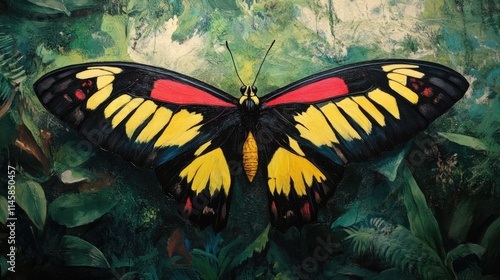 Vibrant Ornithoptera croesus butterfly perched gracefully amidst lush green foliage in a tropical rainforest setting.